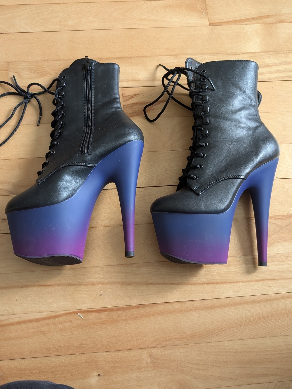 Pleasers High-Platform Lace-Up Ankle Boots in Black with Purple Ombre Heel